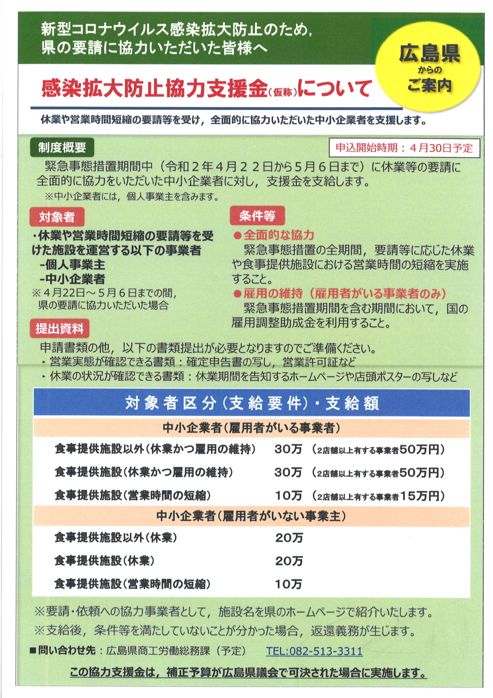 「感染拡大防止協力支援金」（仮称）に関するお知らせ